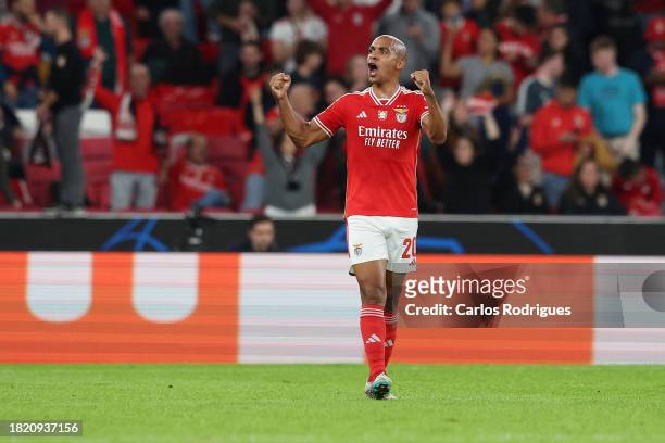 Joao Mario of SL Benfica celebrates after scoring the team's second goal during the UEFA Champions League match between SL Benfica and FC...