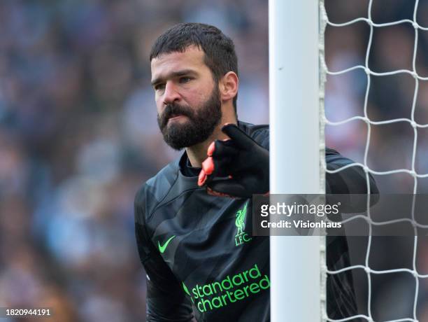 Liverpool goalkeeper Alisson Becker during the Premier League match between Manchester City and Liverpool FC at Etihad Stadium on November 25, 2023...