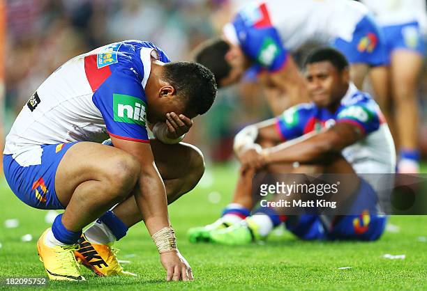 Joey Leilua of the Knights looks dejected at fulltime during the NRL Preliminary Final match between the Sydney Roosters and the Newcastle Knights at...