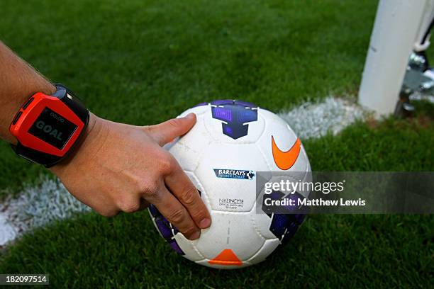 Goal line technology is tested prior to kickoff during the Barclays Premier League match between Hull City and West Ham United at KC Stadium on...