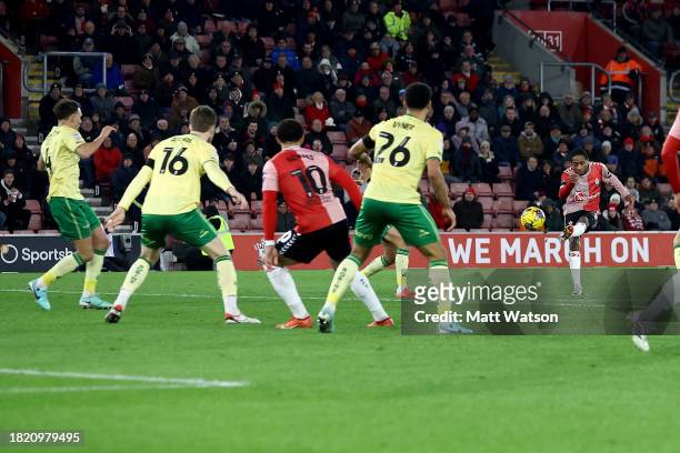 Kyle Walker-Peters of Southampton shoots to score the first goal of the game during the Sky Bet Championship match between Southampton FC and Bristol...