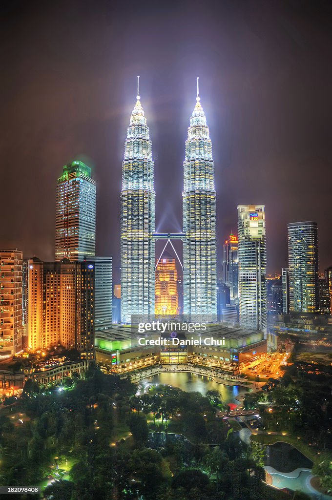 Petronas Twin Towers and KLCC Park at night