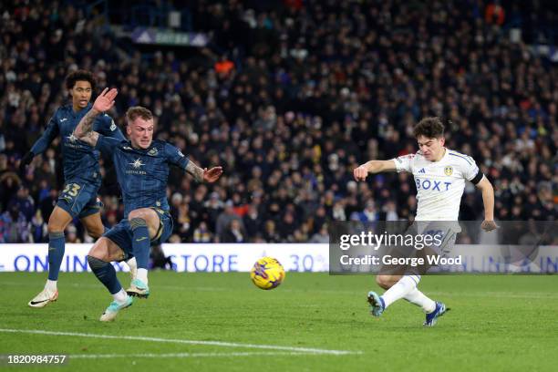 Daniel James of Leeds United scores the team's third goal during the Sky Bet Championship match between Leeds United and Swansea City at Elland Road...