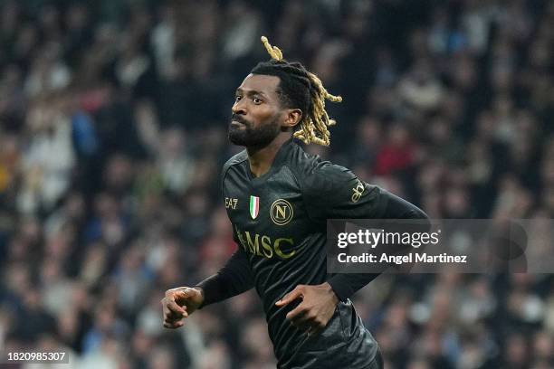 Andre-Frank Zambo Anguissa of SSC Napoli celebrates after scoring the team's second goal during the UEFA Champions League match between Real Madrid...