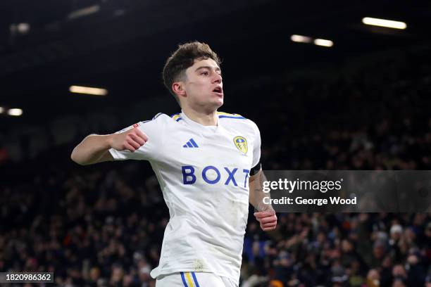 Daniel James of Leeds United celebrates after scoring the team's third goal during the Sky Bet Championship match between Leeds United and Swansea...