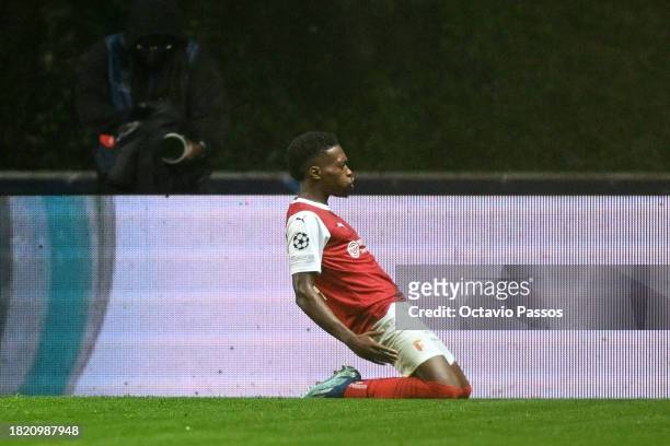 Alvaro Djalo of SC Braga celebrates after scoring the team's first goal during the UEFA Champions League match between SC Braga and 1. FC Union...