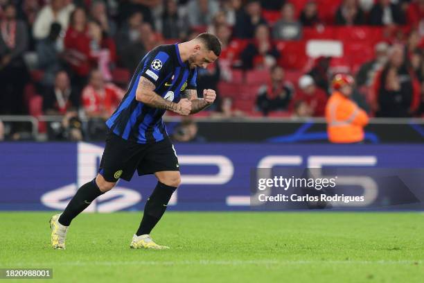 Marko Arnautovic of FC Internazionale celebrates after scoring the team's first goal during the UEFA Champions League match between SL Benfica and FC...