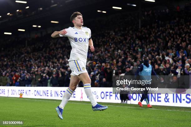 Daniel James of Leeds United celebrates after scoring the team's third goal during the Sky Bet Championship match between Leeds United and Swansea...