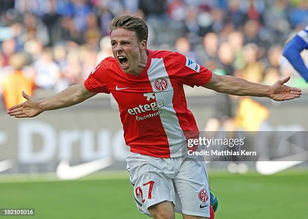 Nicolai Mueller of Mainz jubilates after scoring the first goal during the Bundesliga match between Hertha BSC and 1.FSV Mainz 05 at Olympiastadion...