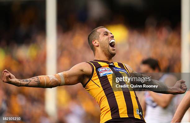 Lance Franklin of the Hawks celebrates winning the 2013 AFL Grand Final match between the Hawthorn Hawks and the Fremantle Dockers at Melbourne...