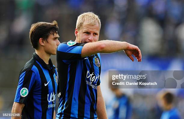 Philipp Kreuels of Saarbruecken reacts after the third Bundesliga match between 1. FC Saarbruecken and Darmstadt 98 on September 28, 2013 in...