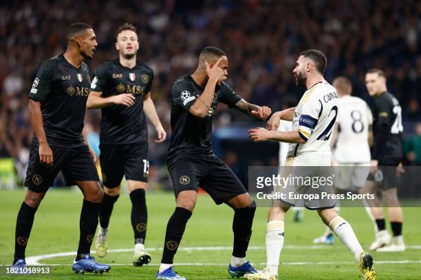 Daniel Carvajal of Real Madrid fight with Juan Jesus and Natan Bernardo of Napoli during the UEFA Champions League, Group C, football match played...