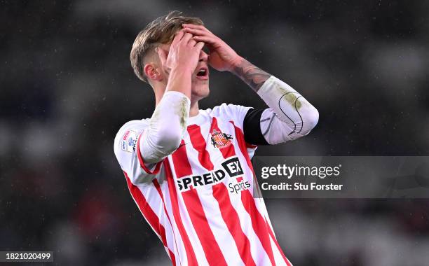 Sunderland player Jack Clarke reacts after a near miss during the Sky Bet Championship match between Sunderland and Huddersfield Town at Stadium of...