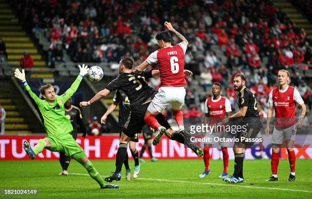 Jose Fonte of SC Braga has a shot saved by Frederik Ronnow of 1.FC Union Berlin during the UEFA Champions League match between SC Braga and 1. FC...