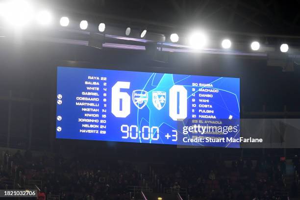 General view of the LED board showing the current score during the UEFA Champions League match between Arsenal FC and RC Lens at Emirates Stadium on...