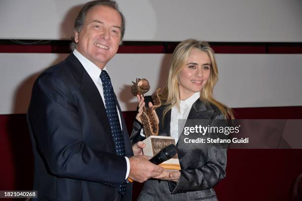 Corrado Pesci and Greta Scarano attend the photocall for the Premio Virna Lisi during the 41st Torino Film Festival 2023 on November 29, 2023 in...