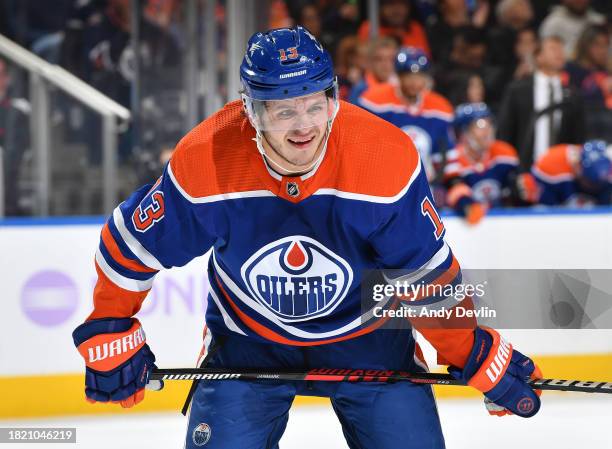 Mattias Janmark of the Edmonton Oilers awaits a face-off during the game against the Vegas Golden Knights at Rogers Place on November 28 in Edmonton,...