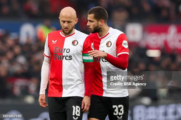 Gernot Trauner of Feyenoord in discussion with David Hancko of Feyenoord during the Dutch Eredivisie match between Feyenoord and PSV at Stadion...