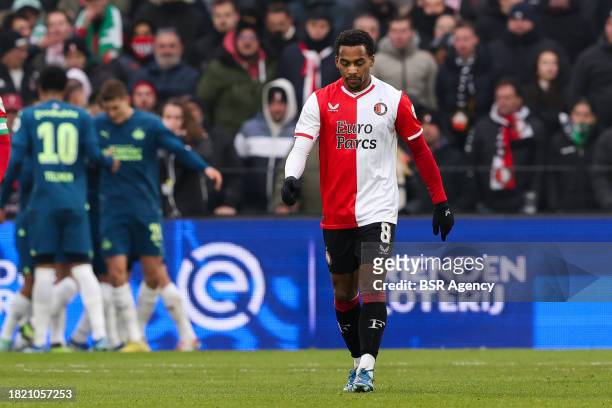 Quinten Timber of Feyenoord is disappointed during the Dutch Eredivisie match between Feyenoord and PSV at Stadion Feijenoord on December 3, 2023 in...
