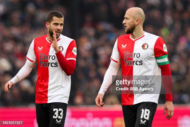 Gernot Trauner of Feyenoord in discussion with David Hancko of Feyenoord during the Dutch Eredivisie match between Feyenoord and PSV at Stadion...