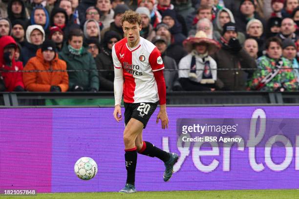 Mats Wieffer of Feyenoord in action during the Dutch Eredivisie match between Feyenoord and PSV at Stadion Feijenoord on December 3, 2023 in...