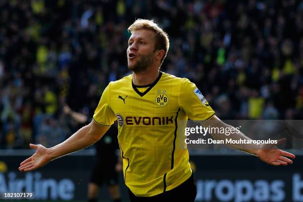 Jakub Blaszczykowski of Borussia Dortmund celebrates after he scores his teams fifth goal of the game during the Bundesliga match between Borussia...