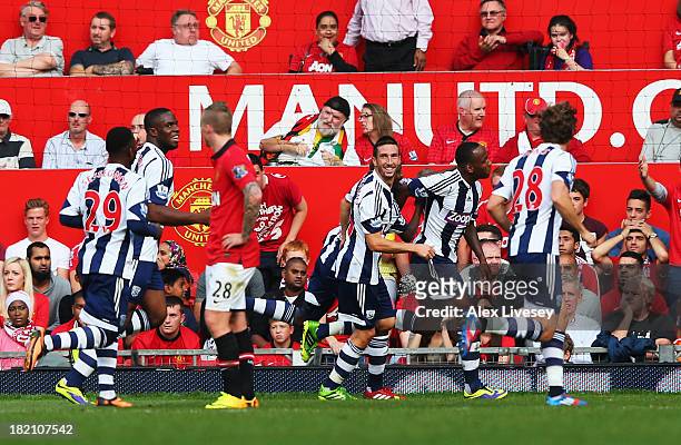 Saido Berahino of West Bromwich Albion celebrates with team mates after scoring his sides second goal during the Barclays Premier League match...