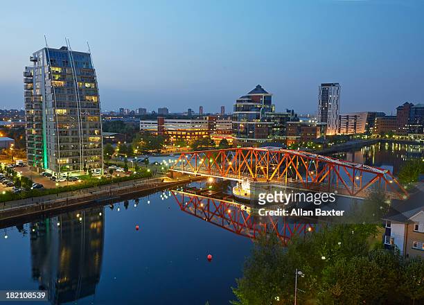 the regenerated skyline of salford quays - manchester england stock pictures, royalty-free photos & images