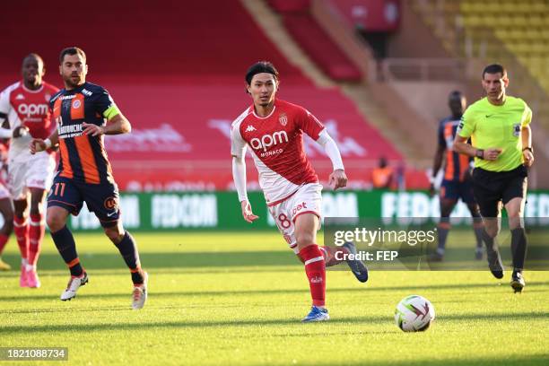 Takumi MINAMINO of Monaco during the Ligue 1 Uber Eats match between Association Sportive de Monaco Football Club and Montpellier Herault Sport Club...