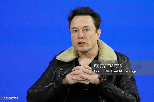 Of Tesla, Chief Engineer of SpaceX and C.T.O. Of X Elon Musk speaks during the New York Times annual DealBook summit on November 29, 2023 in New York...