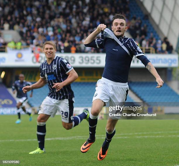 Scott Malone of Millwall celebrates after scoring the teams second goal during the Sky Bet Championship match between Millwall and Leeds United at...