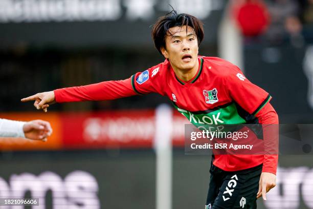 Koki Ogawa of NEC gestures during the Dutch Eredivisie match between NEC Nijmegen and AFC Ajax at Goffertstadion on December 3, 2023 in Nijmegen,...