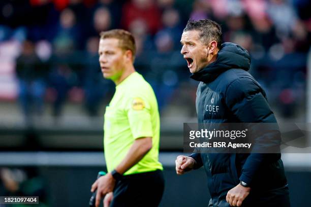 Head Coach Rogier Meijer of NEC shouting during the Dutch Eredivisie match between NEC Nijmegen and AFC Ajax at Goffertstadion on December 3, 2023 in...