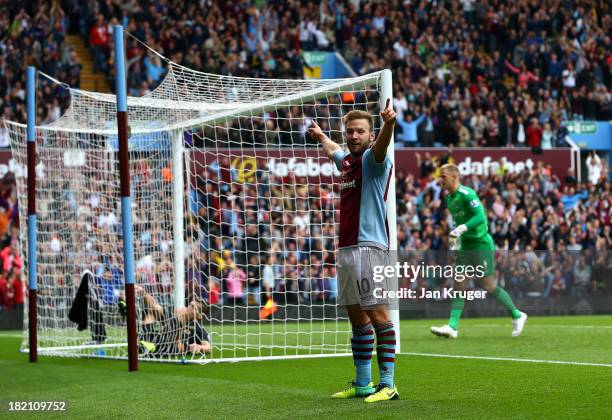 Andreas Weimann of Aston Villa celebrates his goal during the Barclays Premier League match between Aston Villa and Manchester City at Villa Park on...