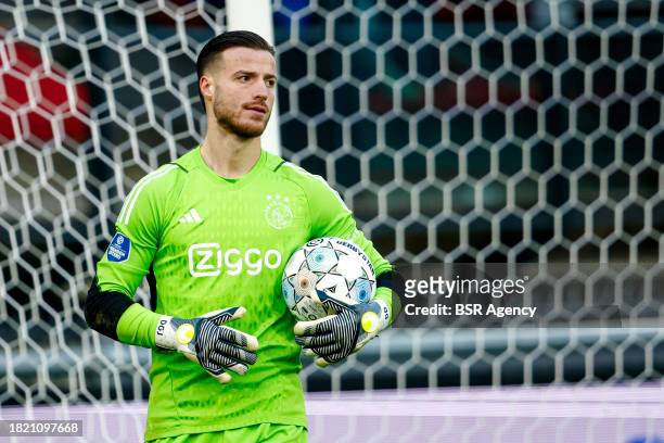 Goalkeeper Diant Ramaj of AFC Ajax holds the ball during the Dutch Eredivisie match between NEC Nijmegen and AFC Ajax at Goffertstadion on December...