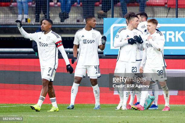 Kristian Hlynsson of AFC Ajax celebrates after scoring his teams first goal, Brian Brobbey of AFC Ajax, Steven Berghuis of AFC Ajax, Steven Bergwijn...