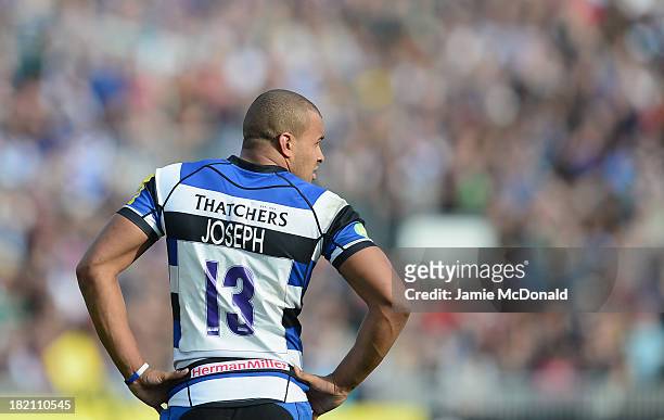 Jonathan Joseph of Bath in action during the Aviva Premiership match between Bath and London Irish at Recreation Ground on September 28, 2013 in...