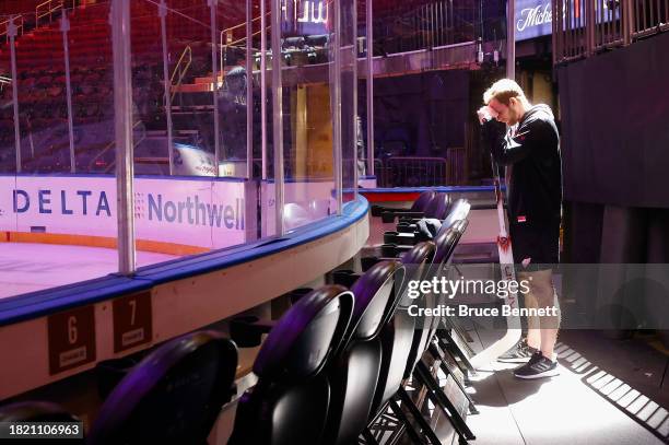 James Reimer of the Detroit Red Wings prepares for the game against the New York Rangers at Madison Square Garden on November 29, 2023 in New York...