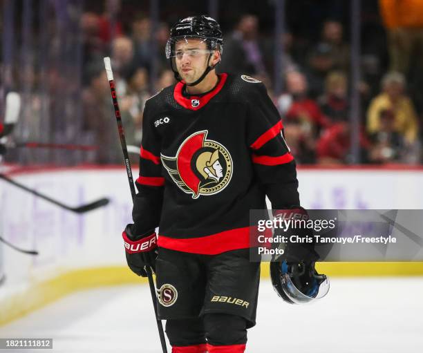 Erik Brannstrom of the Ottawa Senators skates against the Florida Panthers at Canadian Tire Centre on November 27, 2023 in Ottawa, Ontario, Canada.