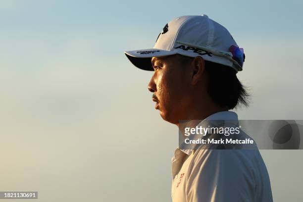Min Woo Lee of Australia looks on from the practice range prior to the ISPS HANDA Australian Open at The Lakes on November 30, 2023 in Sydney,...