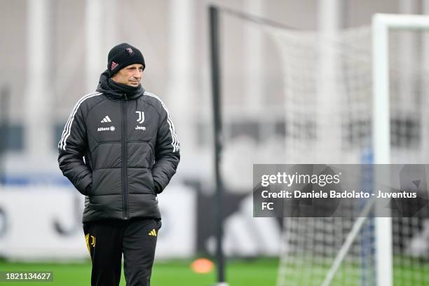 Massimiliano Allegri of Juventus during a training session on December 4, 2023 in Turin, Italy.