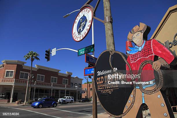 welcome sign of old town of scottsdale - scottsdale arizona house stock pictures, royalty-free photos & images