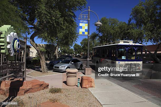 trolley bus in downtown scottsdale - scottsdale arizona downtown stock pictures, royalty-free photos & images