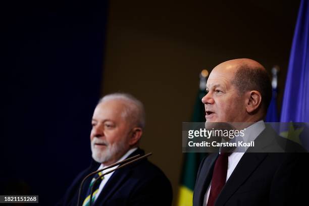 German Chancellor Olaf Scholz and Brazilian President Luiz Inacio Lula da Silva attend a press conference at Chancellory on December 4, 2023 in...