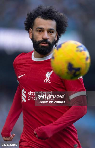 Mohamed Salah of Liverpool in action during the Premier League match between Manchester City and Liverpool FC at Etihad Stadium on November 25, 2023...