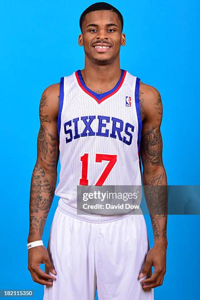 Vander Blue of the Philadelphia 76ers poses for pictures during Media Day on September 27, 2013 in Philadelphia, Pennsylvania. NOTE TO USER: User...