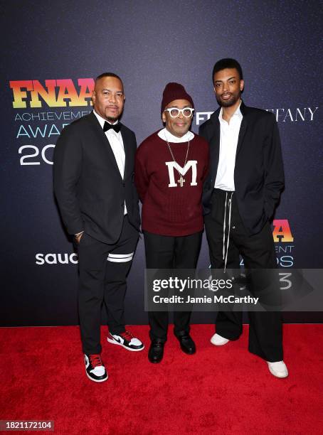Reggie Saunders, Spike Lee, and Jackson Lee attend the 2023 Footwear News Achievement Awards at Cipriani South Street on November 29, 2023 in New...
