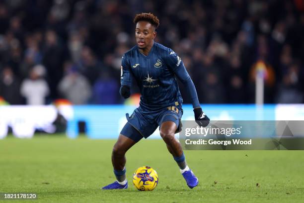 Jamal Lowe of Swansea City runs with the ball during the Sky Bet Championship match between Leeds United and Swansea City at Elland Road on November...