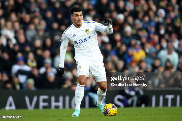 Joel Piroe of Leeds United runs with the ball during the Sky Bet Championship match between Leeds United and Middlesbrough at Elland Road on December...