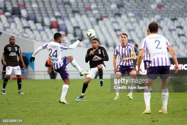 Julien PONCEAU - 08 Vincent SIERRO during the Ligue 1 Uber Eats match between Toulouse Football Club and Football Club de Lorient at Stadium de...